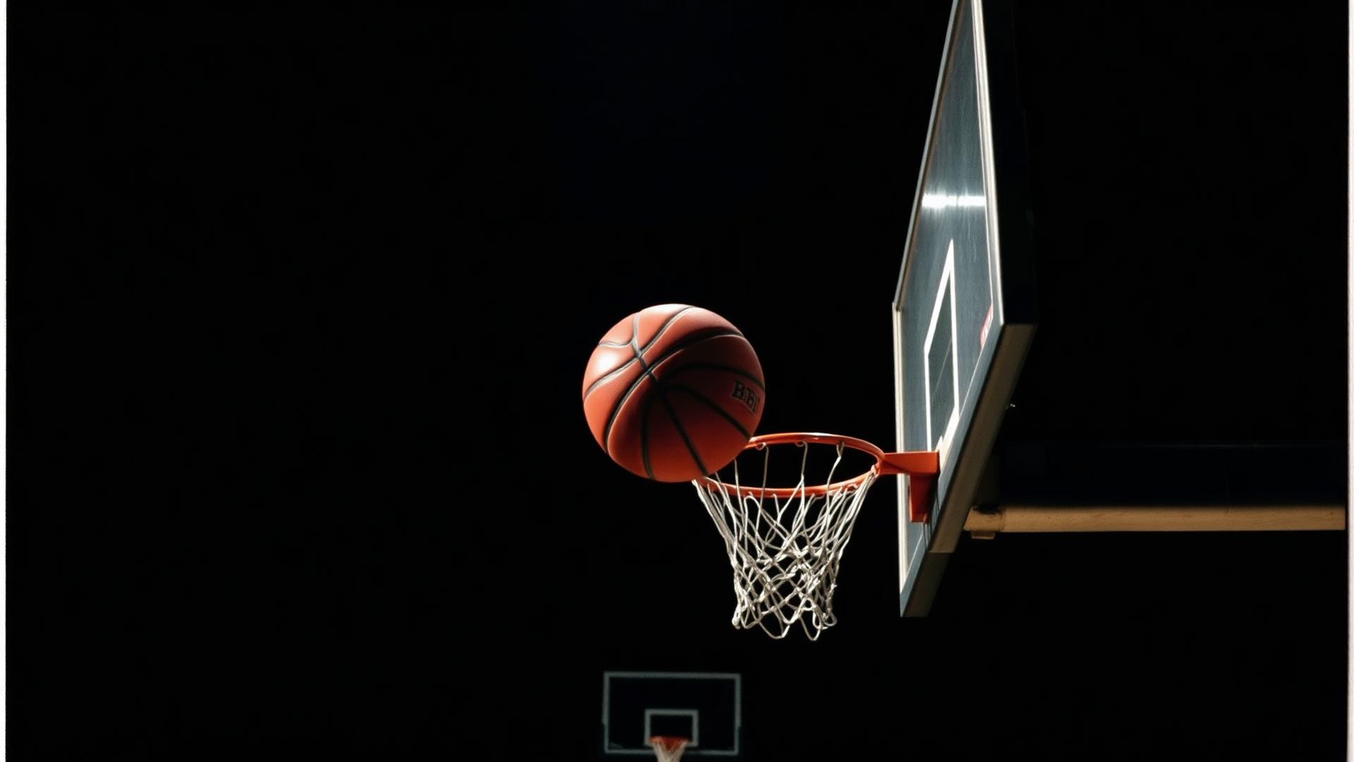 Basketball rising through the rim in a dark gymnasium